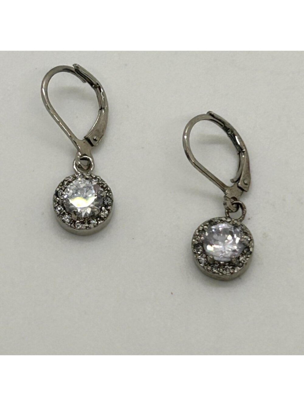 Silver-Tone Leverback Dangle Earrings Cubic Zirconia Round Clear Crystal Drop